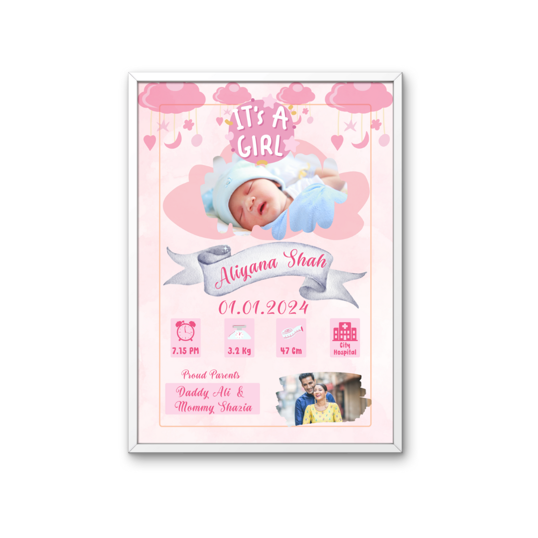 Customized It’s a Girl Photo Frame 12.5 x 9 inch, Baby Birthday Frame